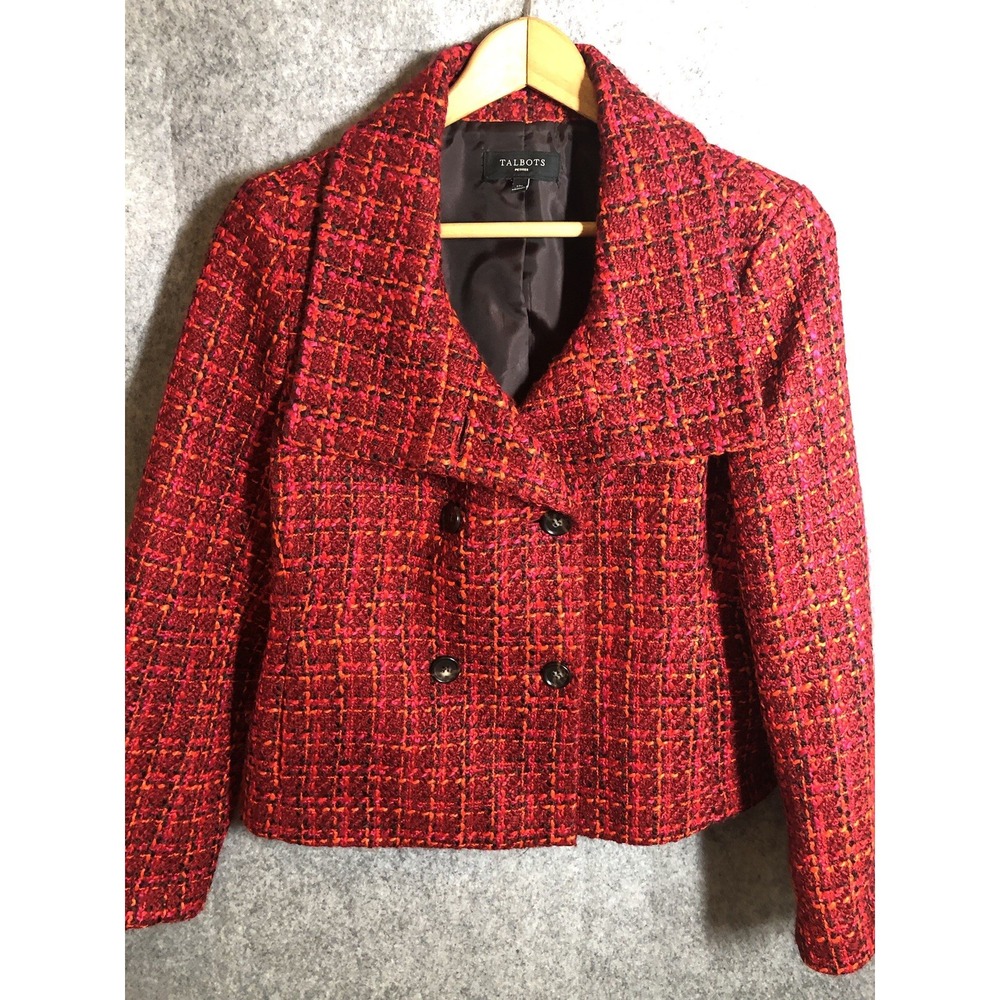 Talbots Blazer Womens 12P Red Double Breasted Wool Blend Tweed Career Classic